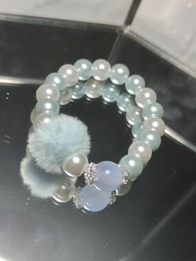 Blue Pearl Beaded Bracelet with Pom Pom Accent